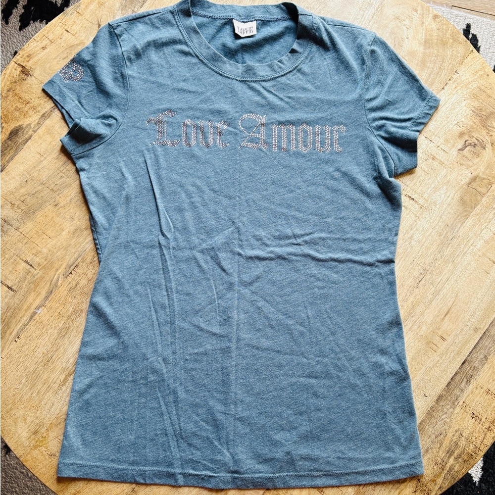 Vintage LOVE AMOUR Sparkle Baby Tee Fitted Soft Blue Glitter Y2K Nordstrom Large